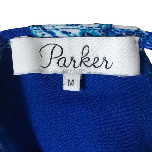 PARKER Dress Blue Floral Ruffles Spaghetti Straps Lace Up Front Women's Medium - Picture 4 of 5